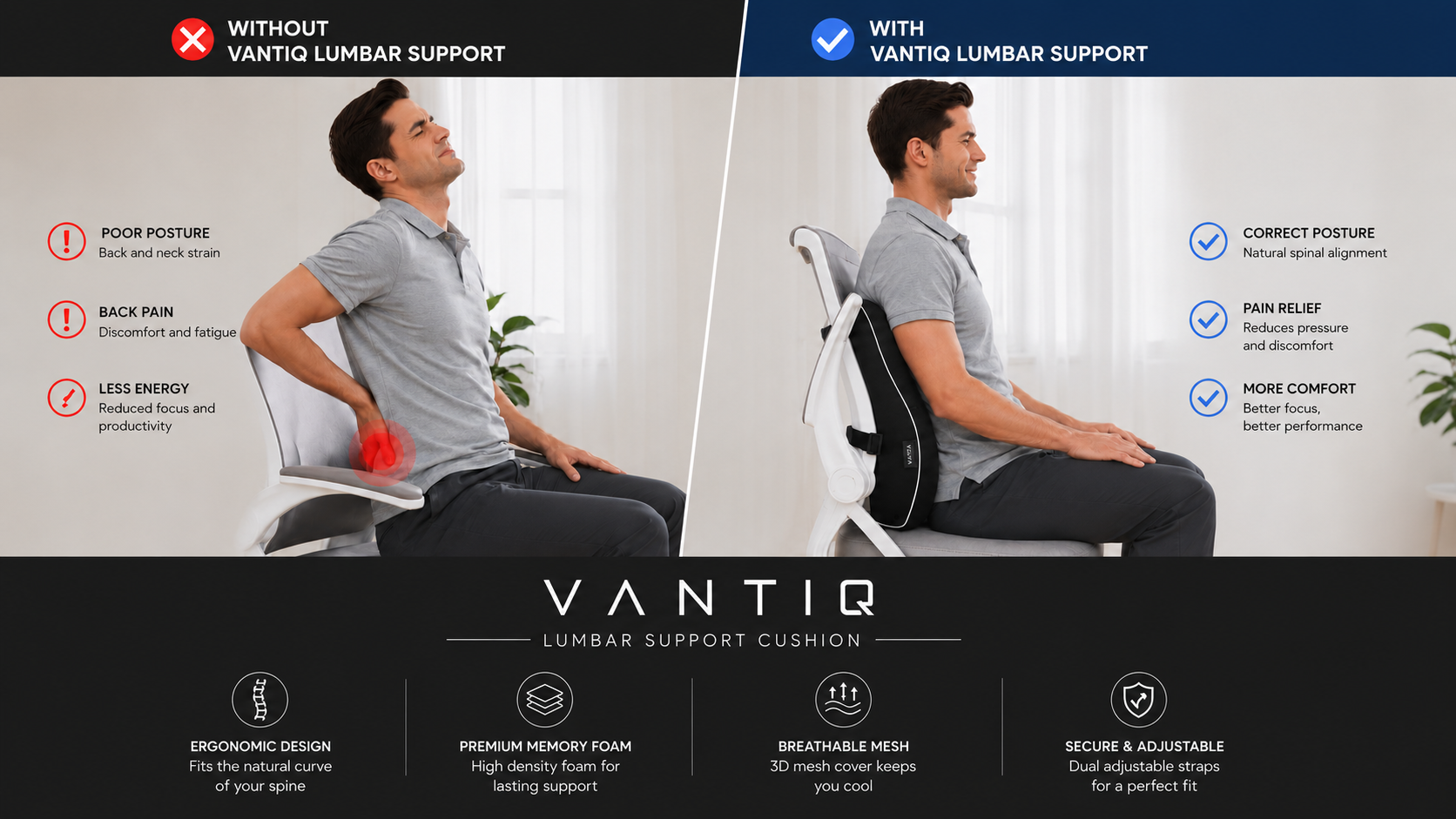 Before and after VANTIQ lumbar support comparison